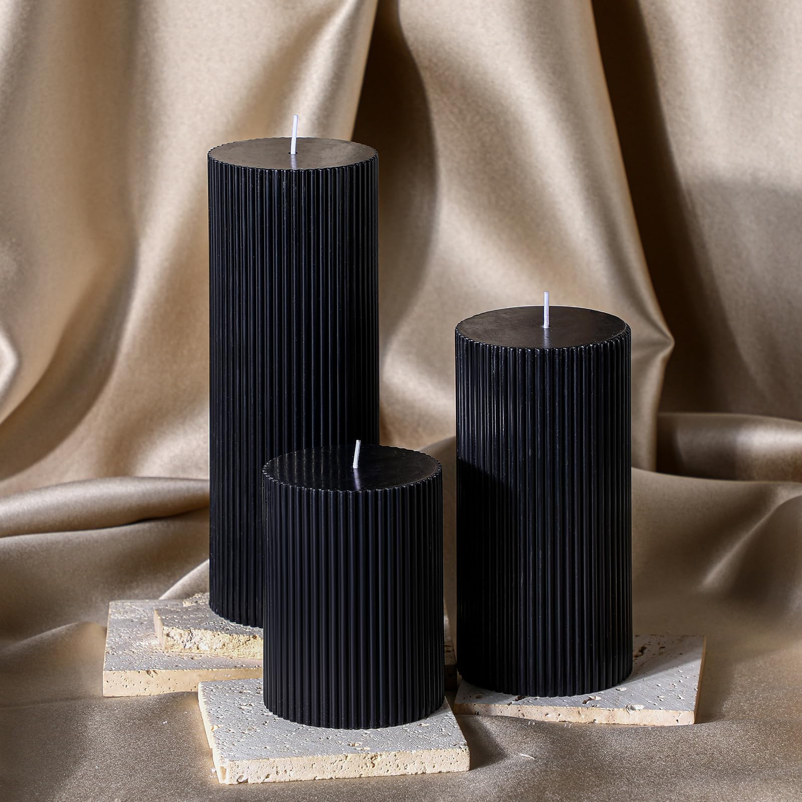 Conelist Ribbed Pillar Candles Set of 3, Width 3" High 4" 6" 8" Large Soy Wax Scented Pillar Candles Aesthetic Candles Ribbed Candles Modern Home Decor for Bathroom Living Room (Black)