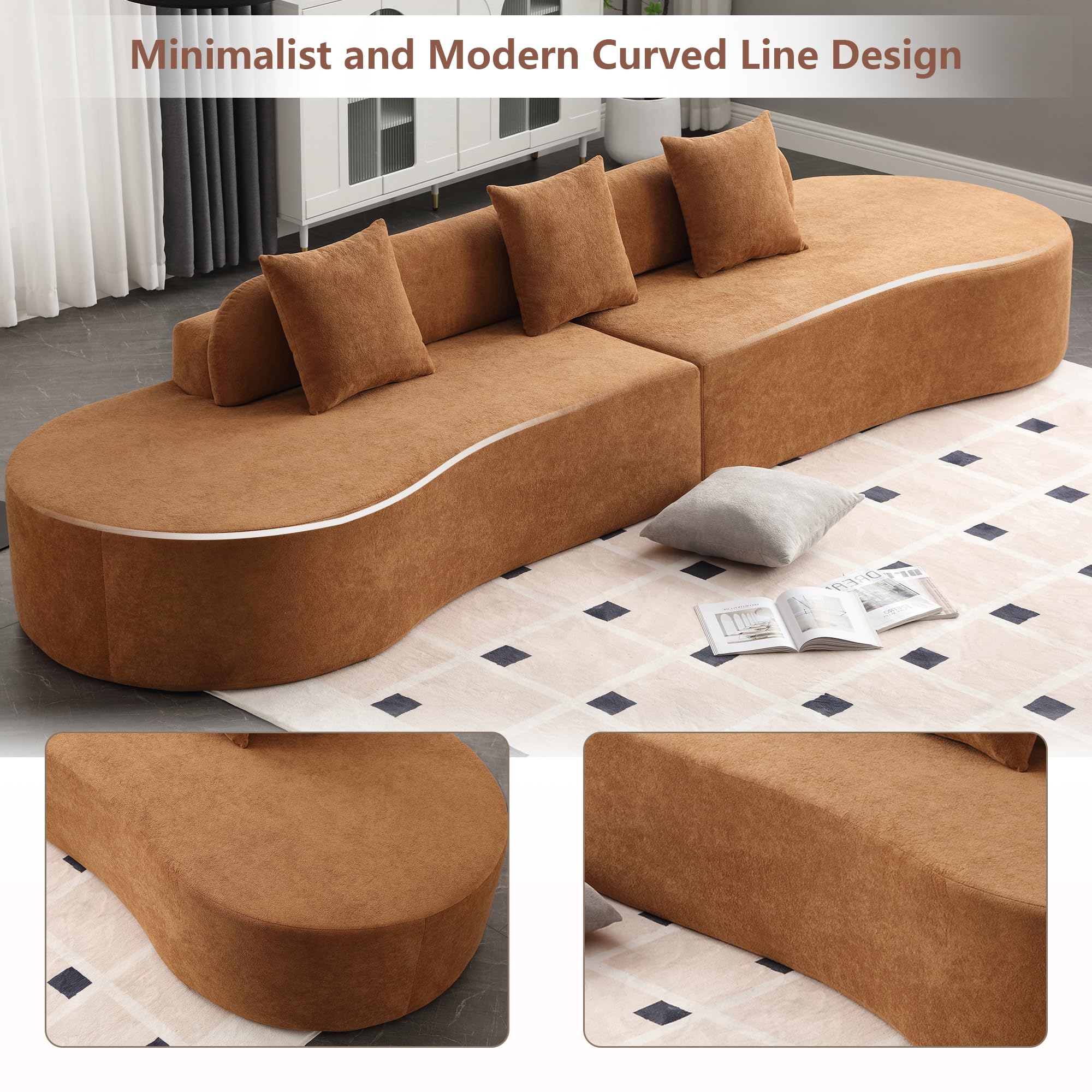 Suheww 130.5” Modern Curved Floor Combination Sofa, Curved Sectional Sofa Couch for Living Room, Deep Seat 4-Seater Oversized Terrycloth Fabric Sofa with 3 Pillows for Apartment Bedroom Office(Brown)