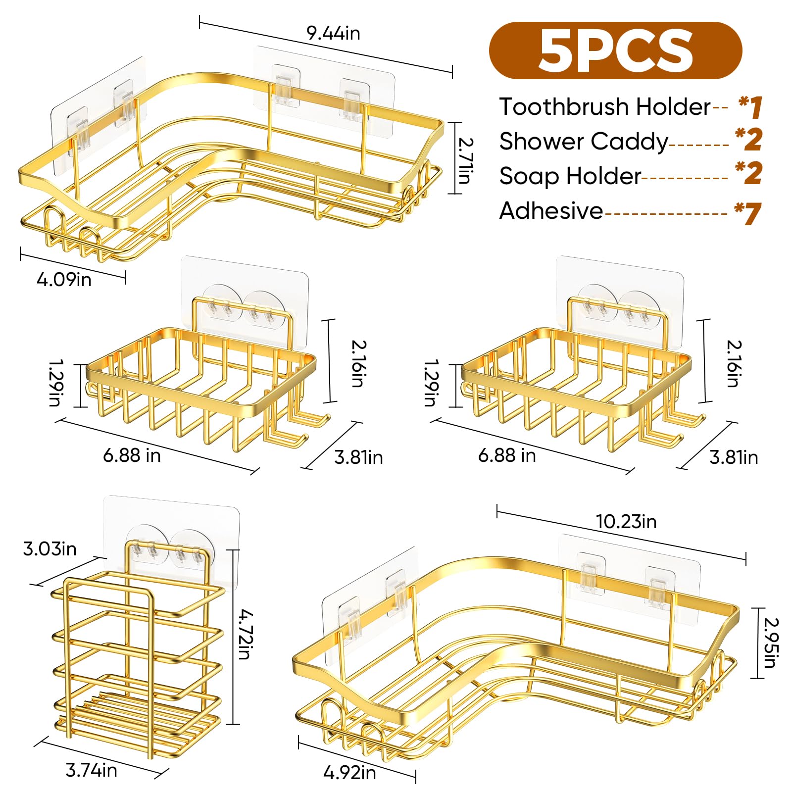 Hsiohe Gold Corner Shower Caddy, Adhesive Shower Organizer for Bathroom Storage, Rustproof Stainless Steel Gold Shower Shelves, No Drilling, Space-Saving Shower Rack Shelf for Inside Shower, 5 Pack