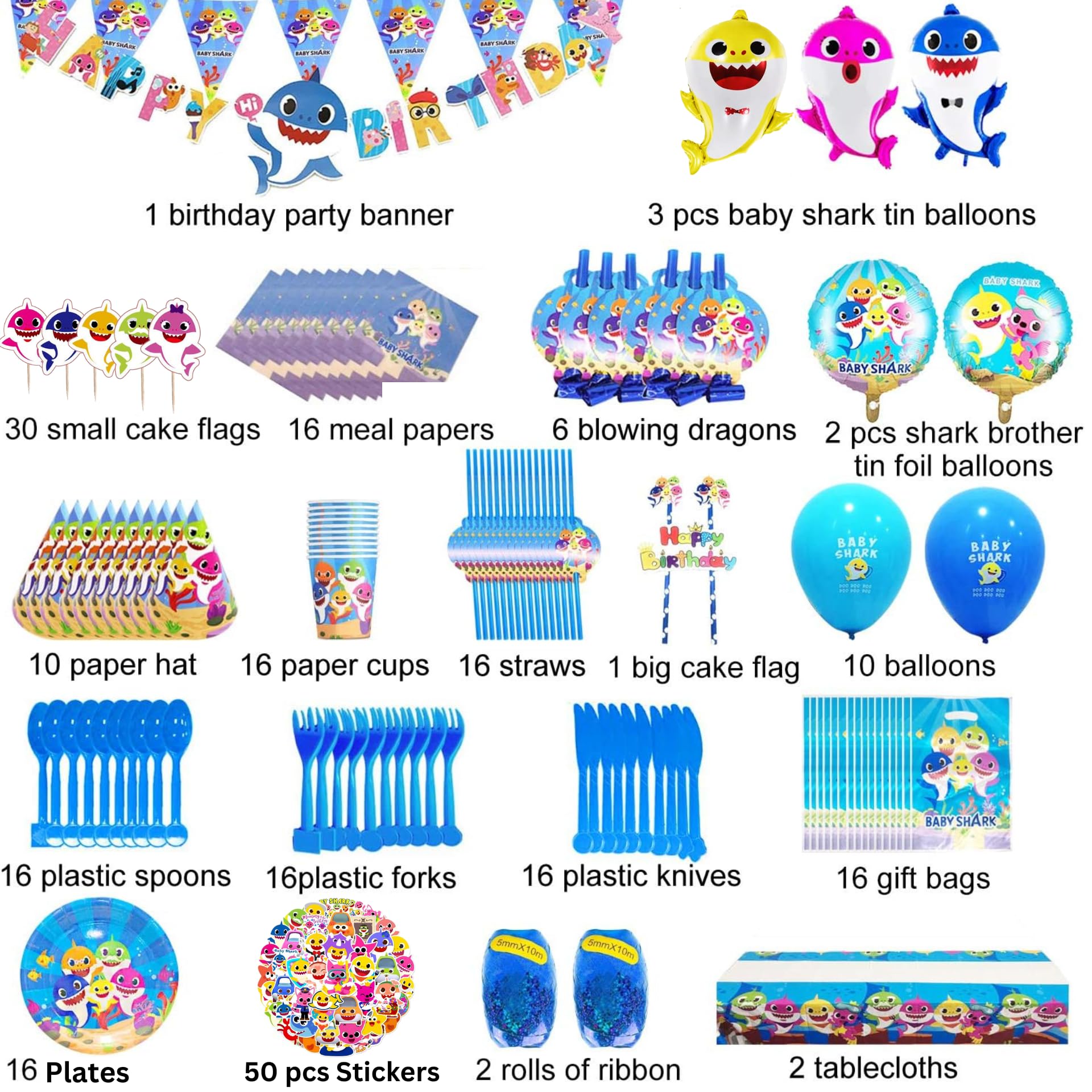 239 pcs Shark Birthday Decorations Set, Shark Party Supplies serves 16 guests, Shark Party Decorations