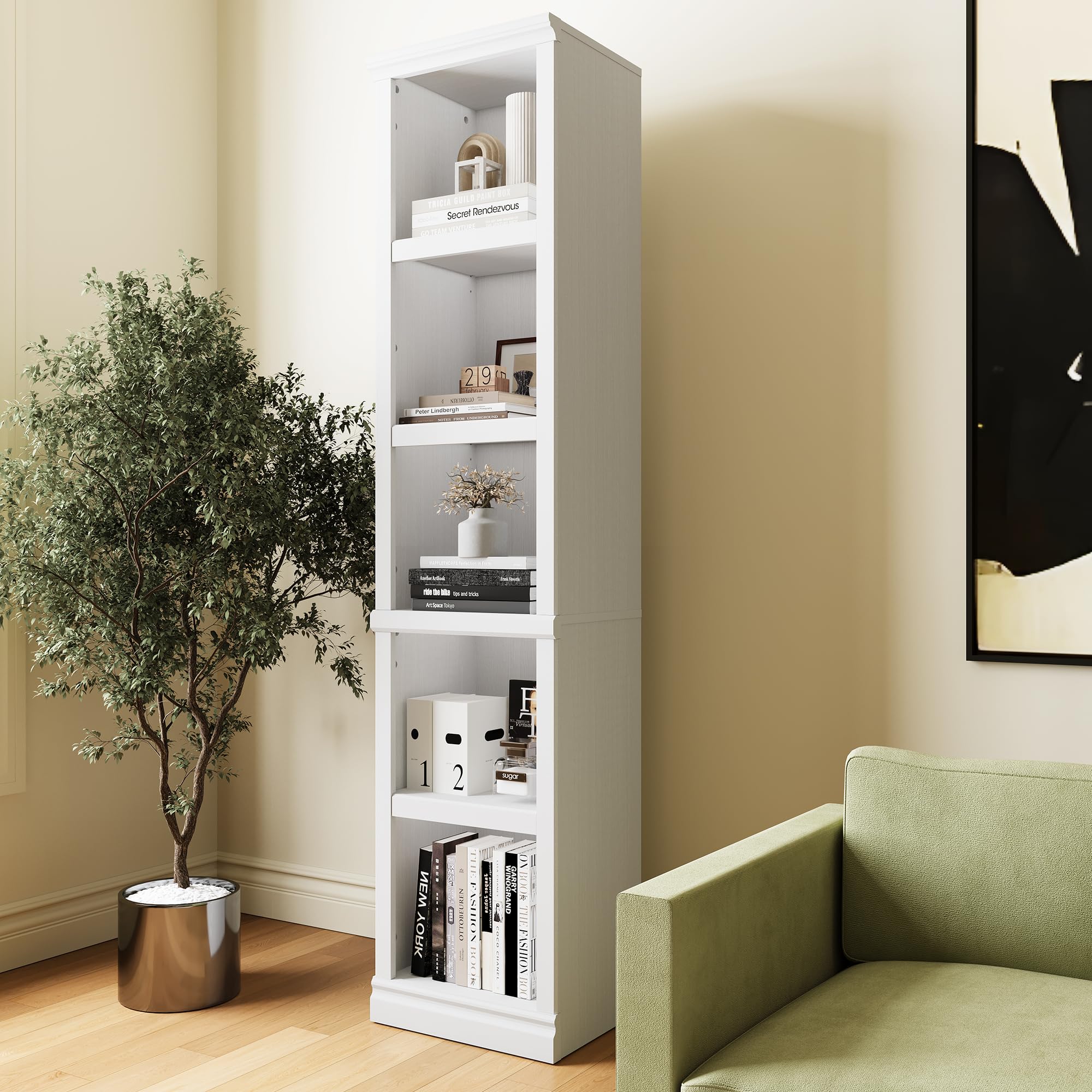 Bevfint 70" Tall Bookcase, White Narrow Floor Standing Bookshelf, 5 Tier Shelves Open Storage Organizer, Book Case for Living Room Hallway Kitchen Home Office Bathroom, White - 5 Tier