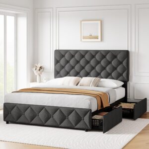 gaomon queen size bed frame with 4 storage drawers and headboard, linen upholstered platform bed frame with wooden slats support, diamond stitched button tufted, no box spring needed, dark grey