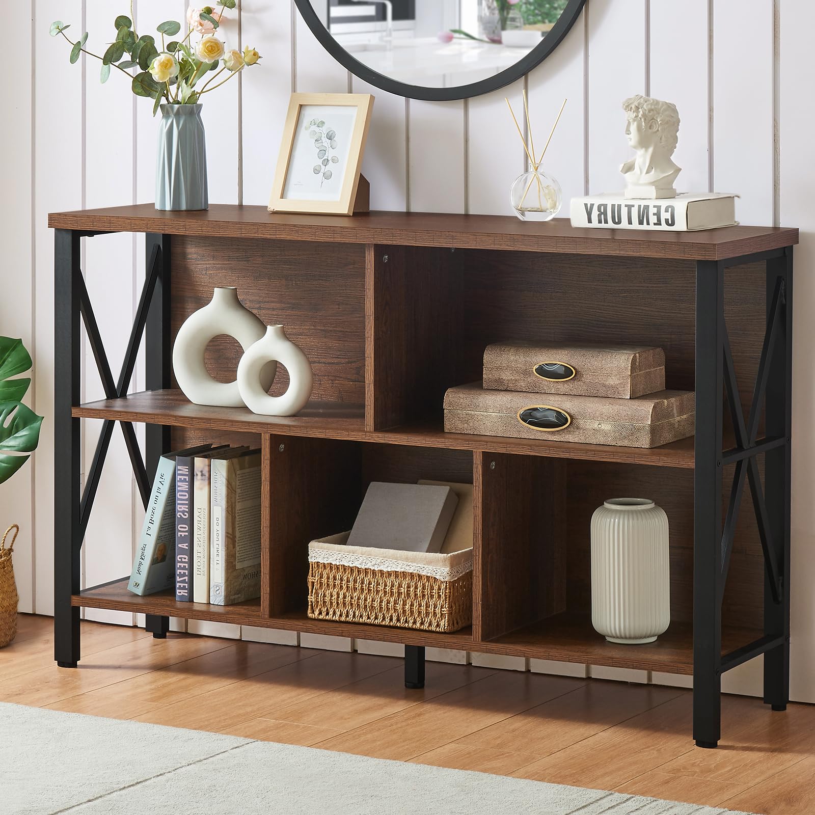 HOMISSUE Cube Storage Organizer Shelf, Rustic Horizontal Bookshelf with 5 Cube Storage, Industrial Short Wide Bookcase with 3 Tier Shelves, Low and Long Cube Bookshelf for Living Room, Office, Brown