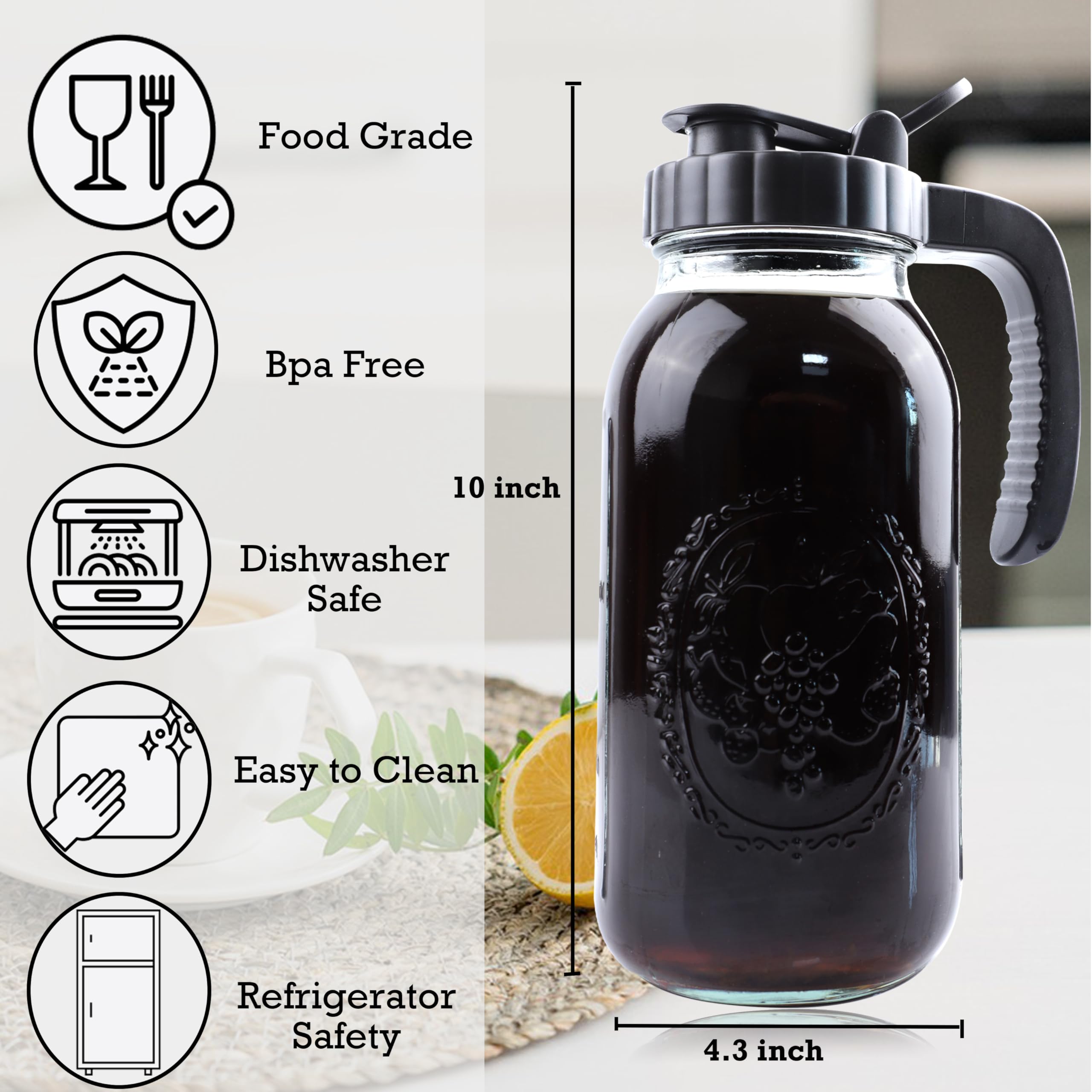 Cold Brew Coffee Maker Half Gallon 2 Set Glass Mason Jar Pitcher With Spout Lid Filter 2 Quart Wide Mouth Iced Tea Brewing Jug Heavy Duty Handle Airtight & Leak-Proof Pitcher For Fridge Sun Tea 64 OZ