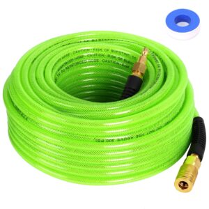 fypower air compressor hose 1/4 inch x 100 feet reinforced polyurethane (pu) air hose with fittings, bend restrictors, 1/4" industrial quick coupler and plug kit, green