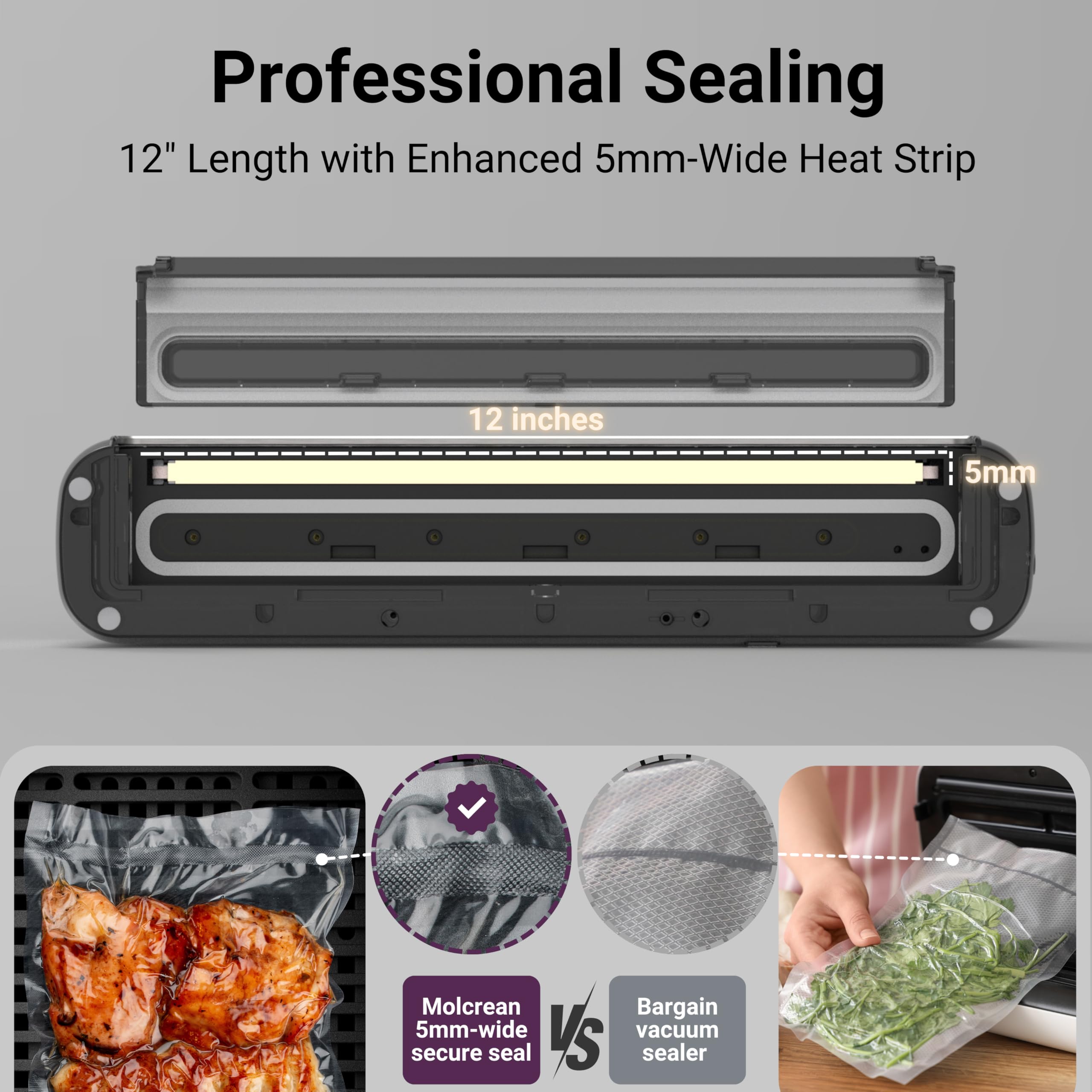 Vacuum Sealer Machine, Ultra Compact & Fully Automatic with Built-In Cutter, 85KPA High-Performance Food Vacuum Sealer, Dry & Moist Modes, 12-Inch Enhanced Seal Strip, Includes 15 Bags & Suction Hose