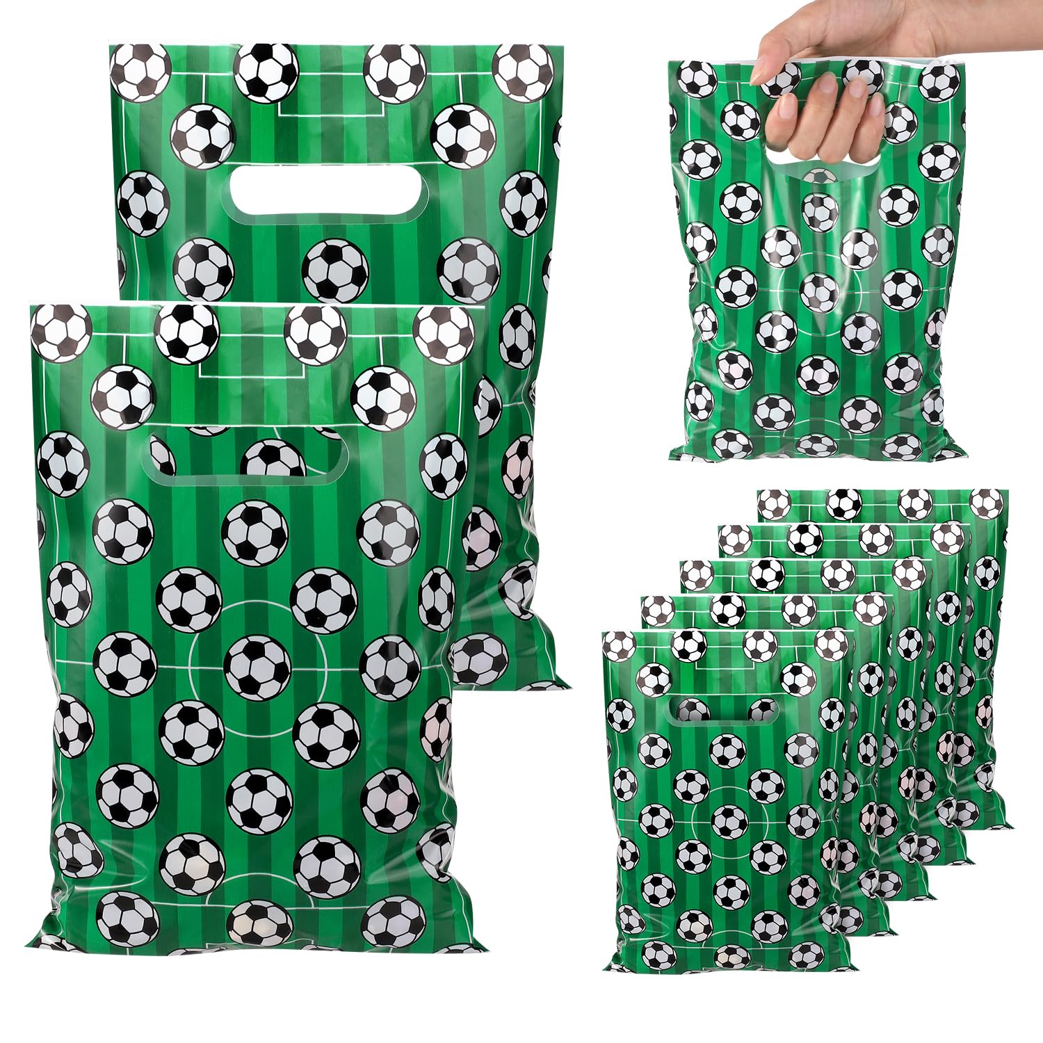 PEUTIER 50pcs Soccer Gift Bags, Plastic Soccer Party Bags Soccer Snack Candy Goody Goodie Treat Present Bags Soccer Party Favor Bags for Team Kids Teens Games Sports Events Supplies (Green)