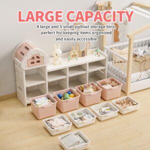 UNICOO Kids Cream House Storage Organizer with 3-Tier Shelves, Storage Rack & Bins for Nursery, Playroom, Study Room (Cream & Pink)