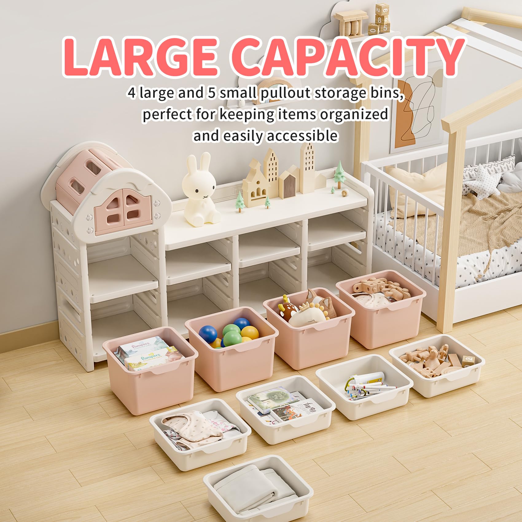 UNICOO Kids Cream House Storage Organizer with 3-Tier Shelves, Storage Rack & Bins for Nursery, Playroom, Study Room (Cream & Pink)