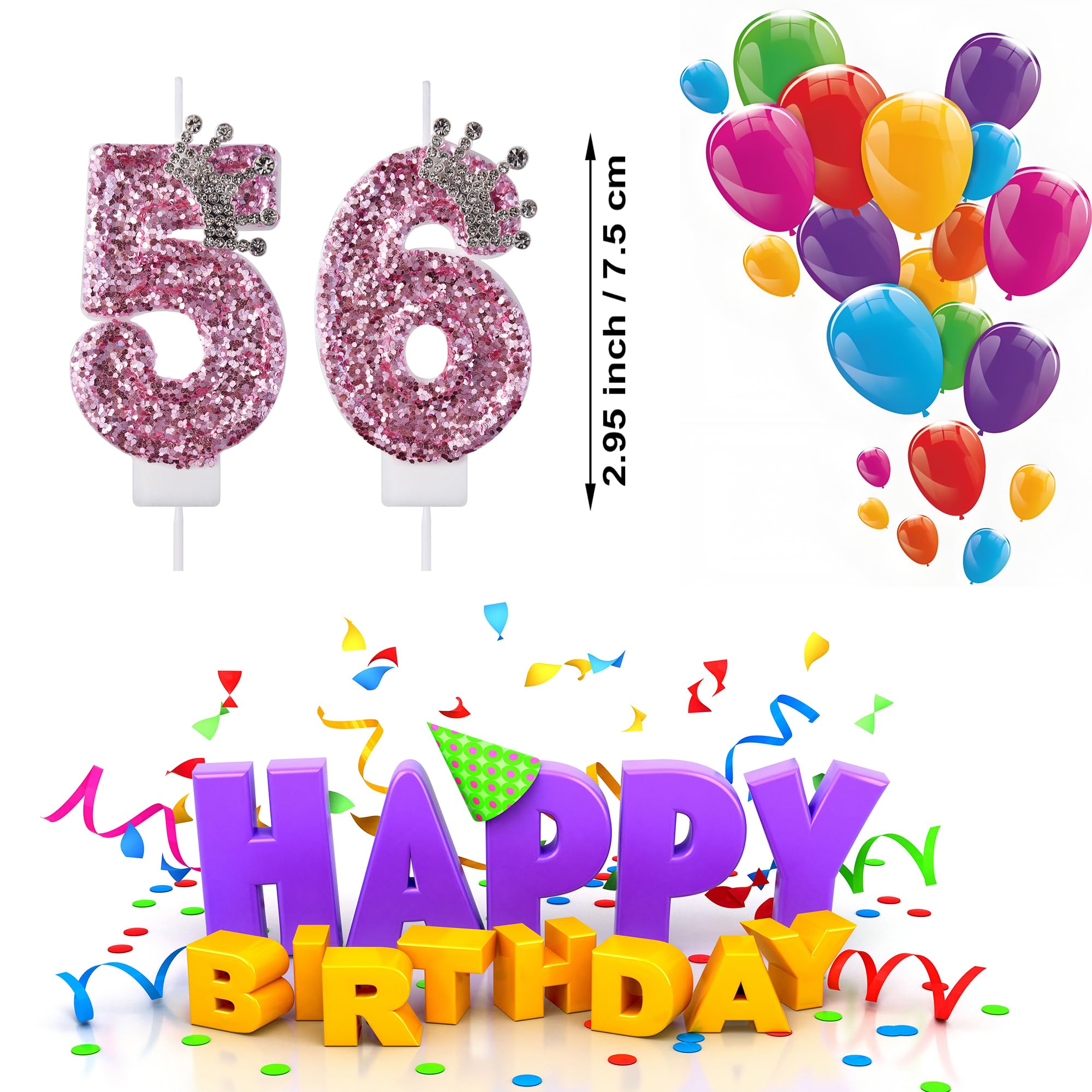 VSHILI 56 65 Birthday Candles, 56th 65th Cake Candles, Pink Birthday Number 56 65 Candles Cake Topper Decorations for Party Men Women