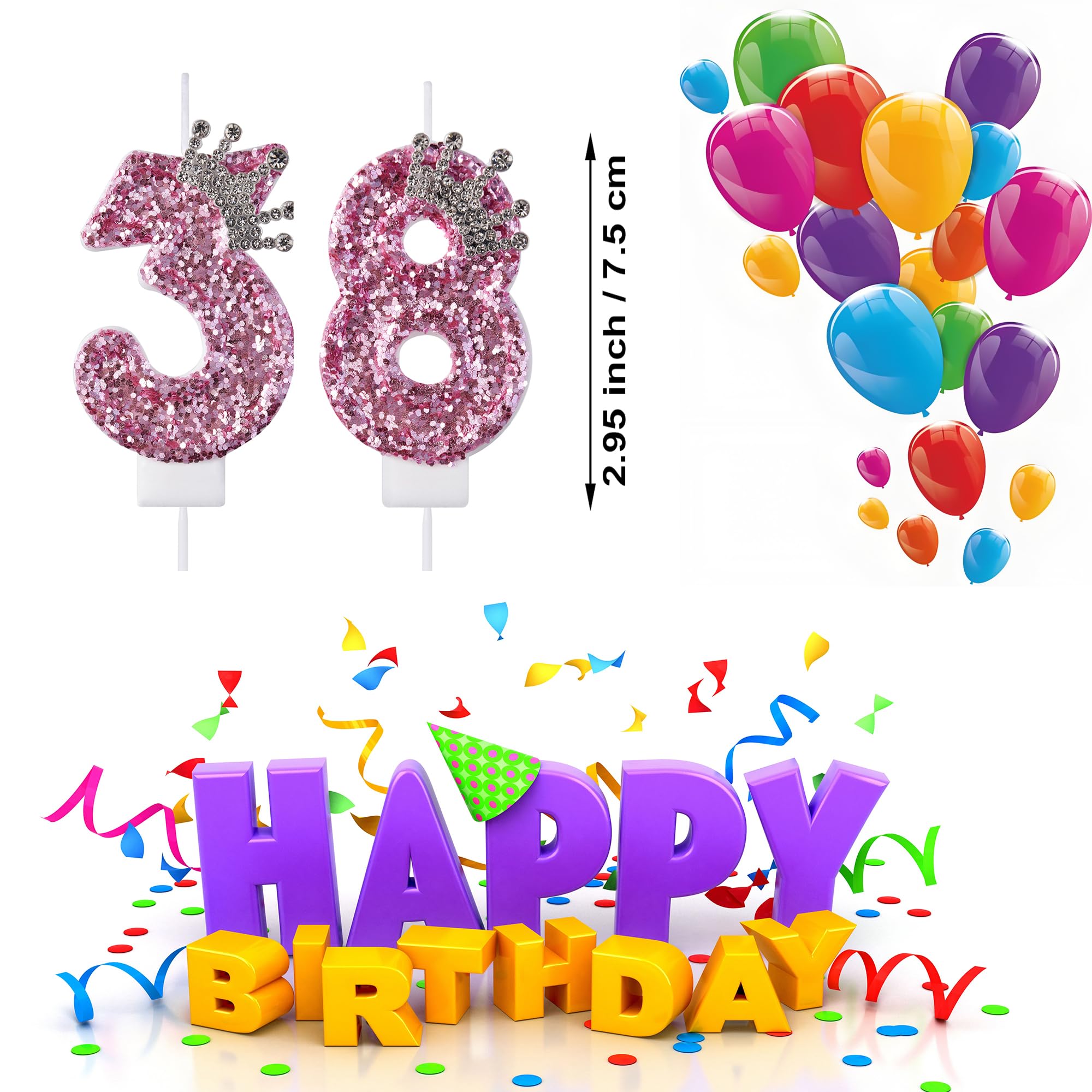 VSHILI 38 83 Birthday Candles, 38th 83rd Cake Candles, Pink Birthday Number 38 83 Candles Cake Topper Decorations for Party Men Women