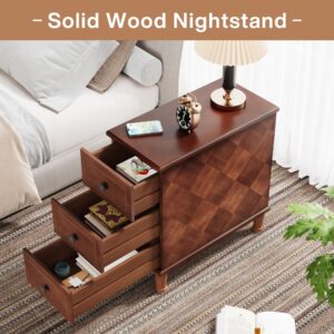 Tribesigns Solid Wood End Table, Fully Assembled Narrow Side Table with Drawers, Pre-Assembled Nightstand Slim Bedside Table for Small Spaces, Living Room, Bedroom, Brown, 2 Pcs