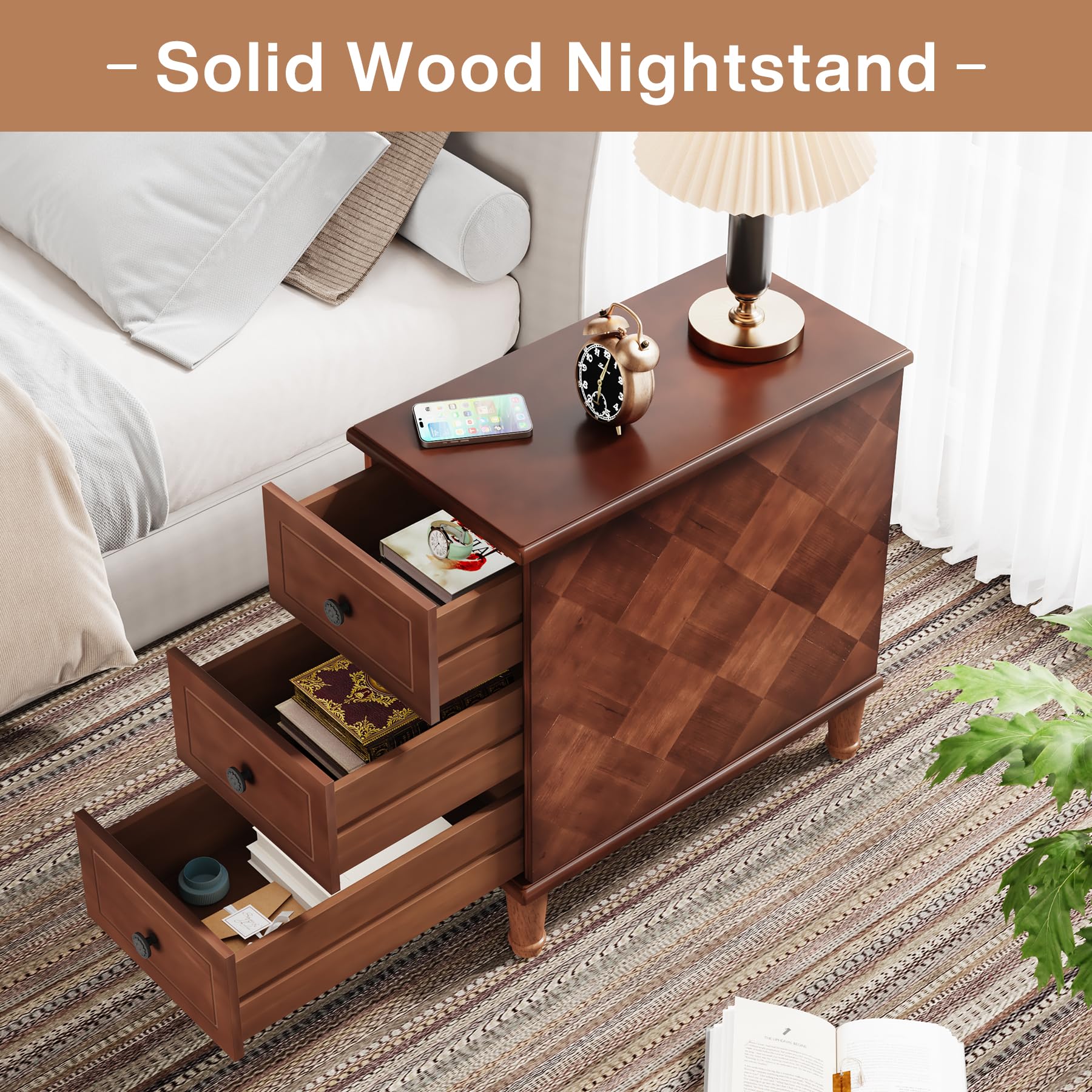 Tribesigns Solid Wood End Table, Fully Assembled Narrow Side Table with Drawers, Pre-Assembled Nightstand Slim Bedside Table for Small Spaces, Living Room, Bedroom, Brown, 2 Pcs