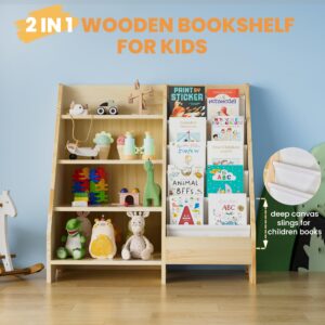 Kids Bookshelf, Solid Wood Bookshelf Bookcase Storage Organizer for Children, 4 Tier Bookshelf 5 Layer Sling Bookcase Toddler Book Rack Storage Organizer for Kids Room Nursery Play Room Kindergarten