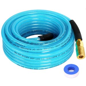 fypower air compressor hose 1/4 inch x 50 feet reinforced polyurethane (pu) air hose with fittings, bend restrictors, 1/4" industrial quick coupler and plug kit, blue