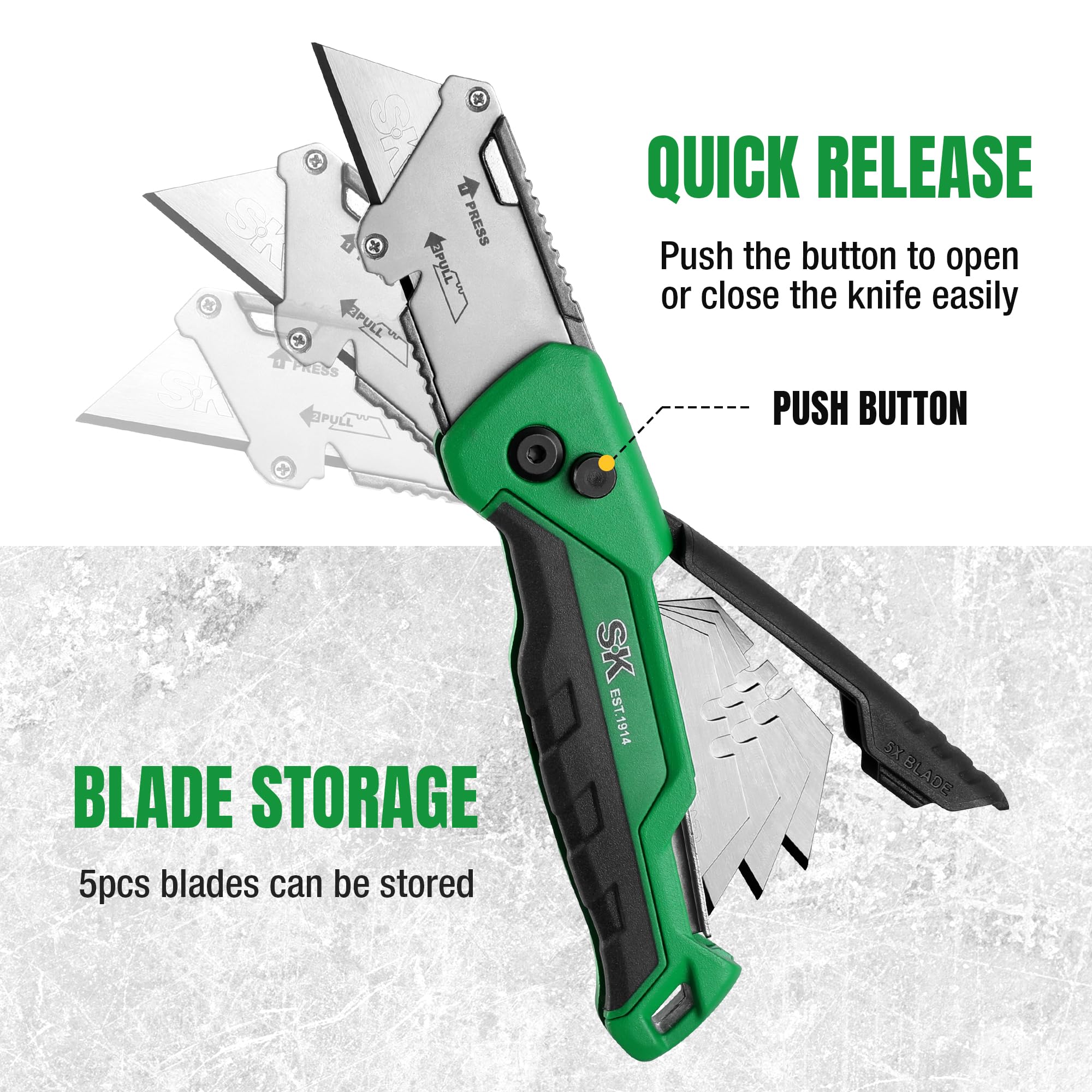 SK Folding Utility Knife with Additional Wire Cutter, Quick Change Box Cutter, Blade Storage in Handle, Extra 4 SK2M Blades Included