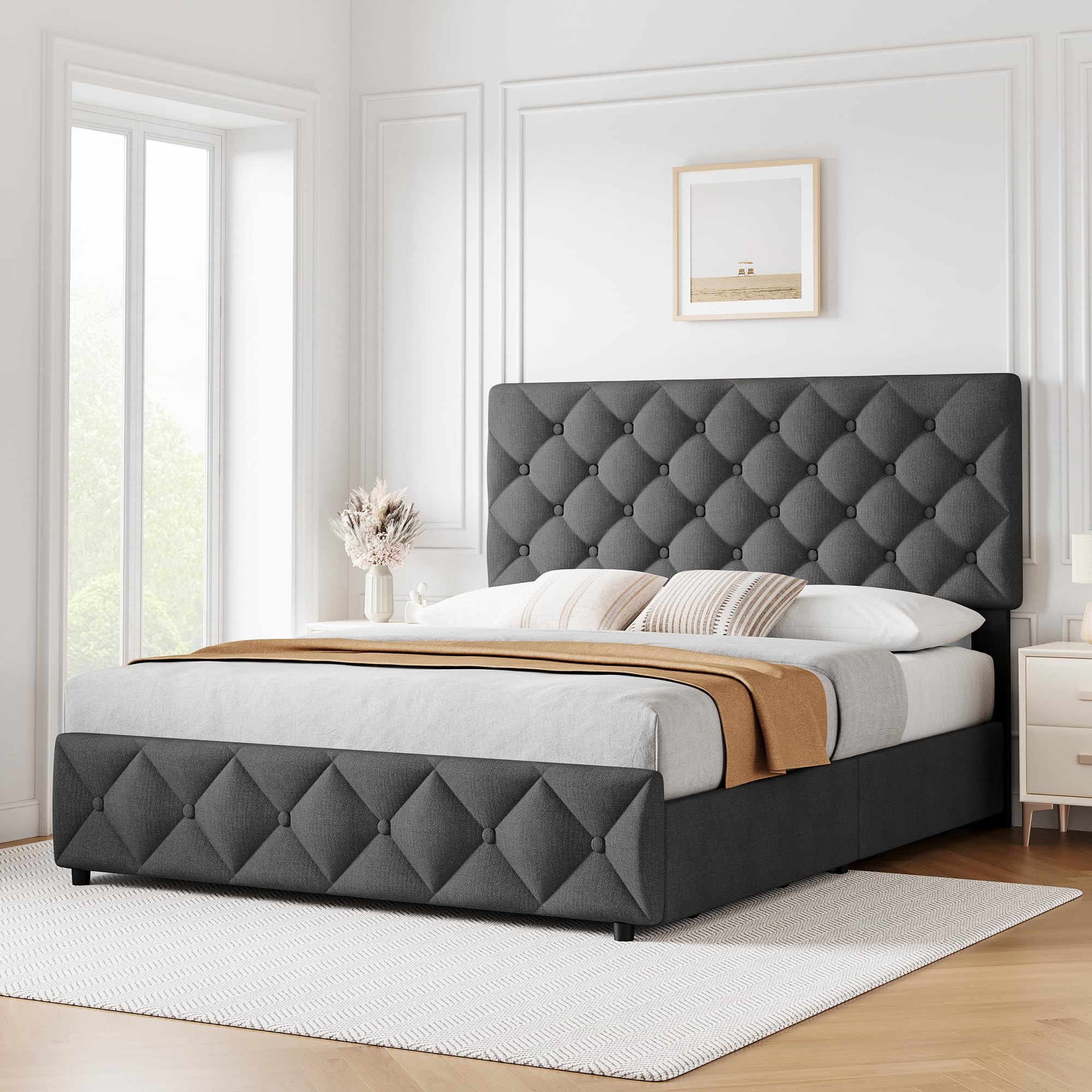 GAOMON Queen Size Bed Frame with 4 Storage Drawers and Headboard, Linen Upholstered Platform Bed Frame with Wooden Slats Support, Diamond Stitched Button Tufted, No Box Spring Needed, Dark Grey