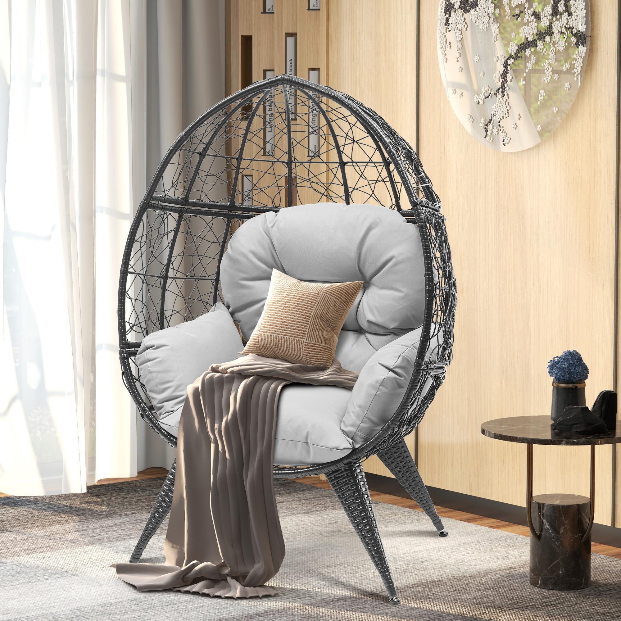 DWVO Egg Chair Patio Rattan Chair with Stand Anti-Slip All-Weather Poratble Adjustable Chair Feet Wicker Egg Lounger Chair for Indoor Outdoor 330LBS (Grey)