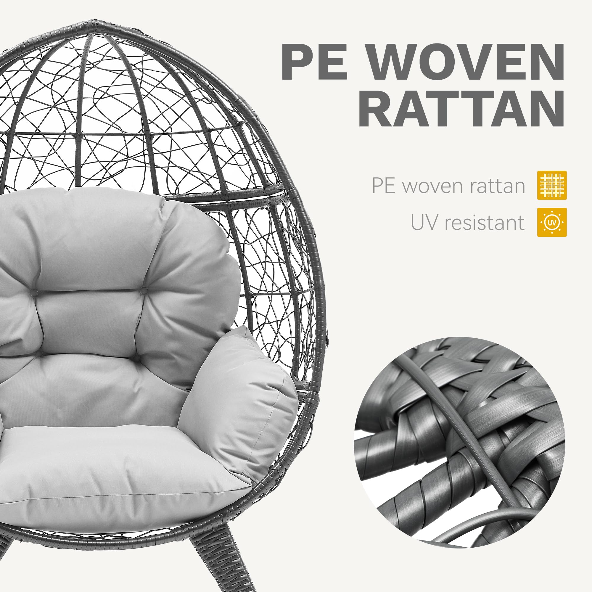 DWVO Egg Chair Patio Rattan Chair with Stand Anti-Slip All-Weather Poratble Adjustable Chair Feet Wicker Egg Lounger Chair for Indoor Outdoor 330LBS (Grey)