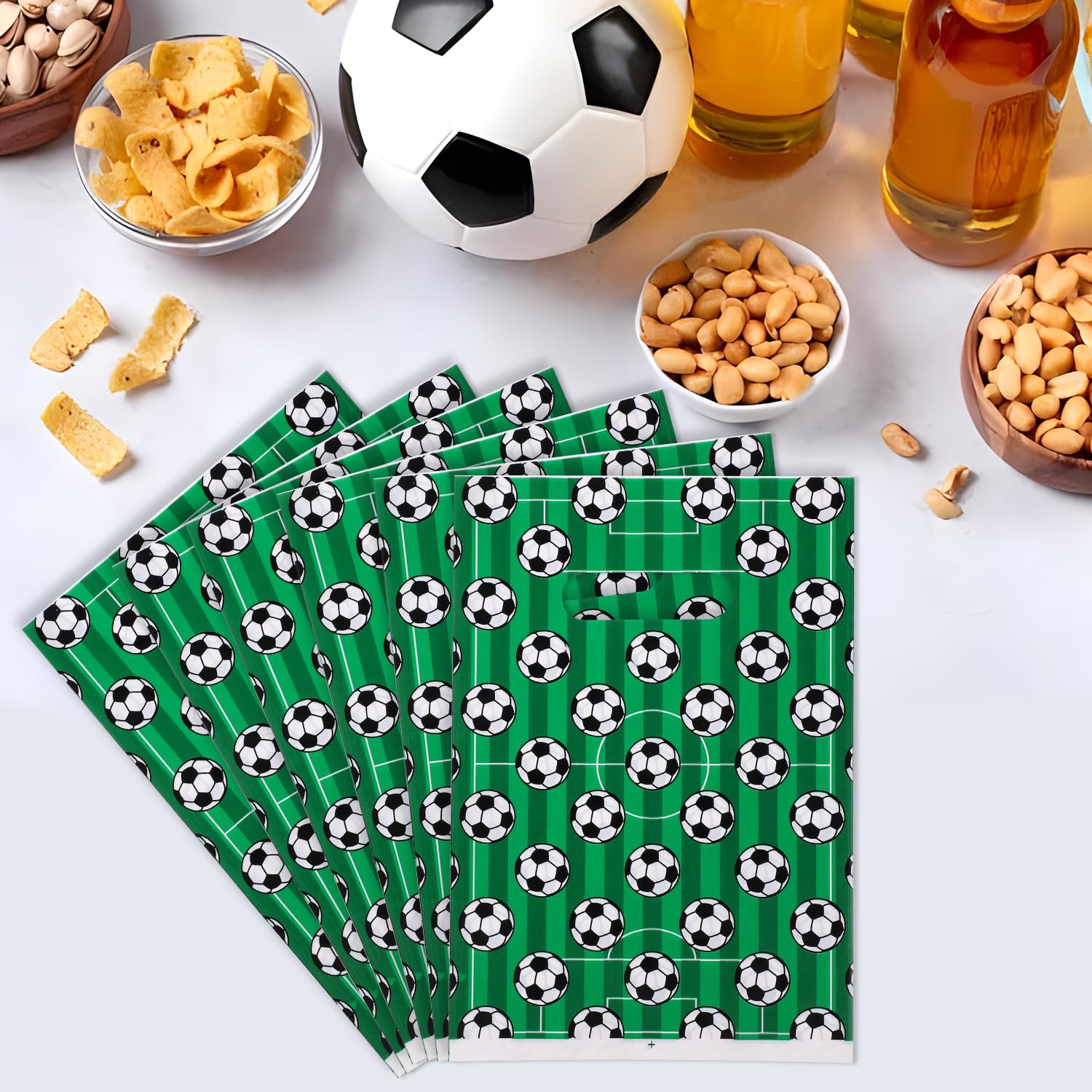 PEUTIER 50pcs Soccer Gift Bags, Plastic Soccer Party Bags Soccer Snack Candy Goody Goodie Treat Present Bags Soccer Party Favor Bags for Team Kids Teens Games Sports Events Supplies (Green)