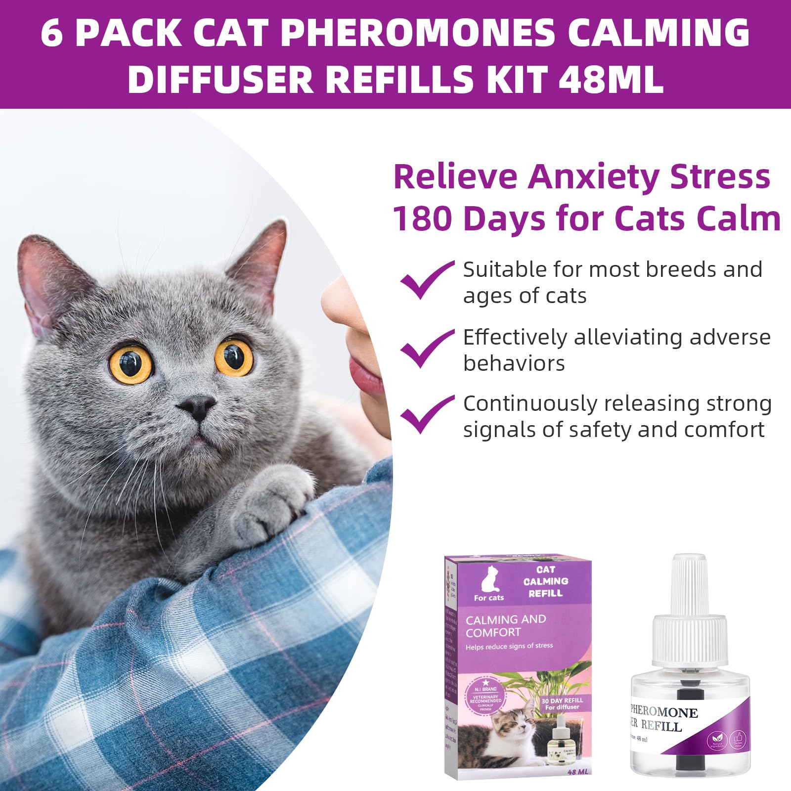 G · PEH Cat Pheromones Calming Diffuser Refill, 6 Pack Cat Calming Diffuser Refills Kit, Relieve Anxiety Stress 180 Days for Cats Calm, 48ml Fit All Common Diffusers Plug in