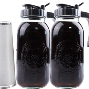 Cold Brew Coffee Maker Half Gallon 2 Set Glass Mason Jar Pitcher With Spout Lid Filter 2 Quart Wide Mouth Iced Tea Brewing Jug Heavy Duty Handle Airtight & Leak-Proof Pitcher For Fridge Sun Tea 64 OZ