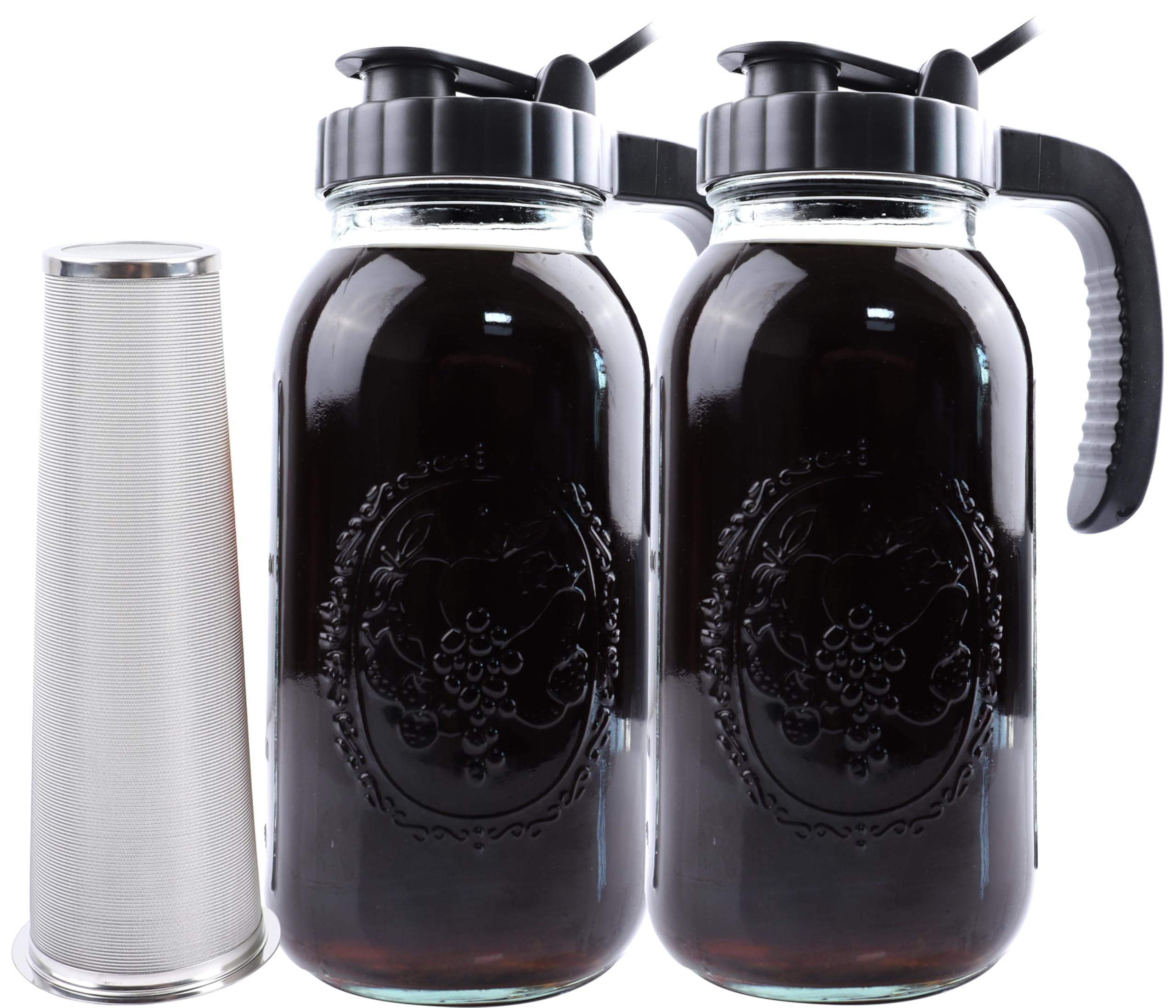 Cold Brew Coffee Maker Half Gallon 2 Set Glass Mason Jar Pitcher With Spout Lid Filter 2 Quart Wide Mouth Iced Tea Brewing Jug Heavy Duty Handle Airtight & Leak-Proof Pitcher For Fridge Sun Tea 64 OZ