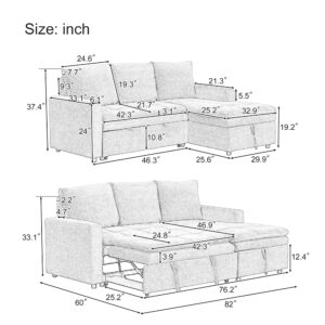 LUMISOL 82" Convertible Sleeper Sofa with Pull Out Bed, Modern L-Shaped Sectional Sofa with Storage Chaise, Chenille Modular Sofa Pull Out Couch Bed for Living Room, Small Apartment (Grey)