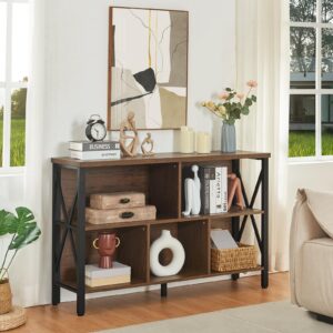 HOMISSUE Cube Storage Organizer Shelf, Rustic Horizontal Bookshelf with 5 Cube Storage, Industrial Short Wide Bookcase with 3 Tier Shelves, Low and Long Cube Bookshelf for Living Room, Office, Brown