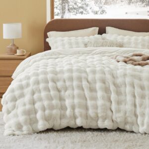 bedsure luxurious faux fur duvet cover king size set - ultra soft & fluffy & cozy & warm - elegant shaggy bubble design bedding with duvet cover and pillow shams, coconut white