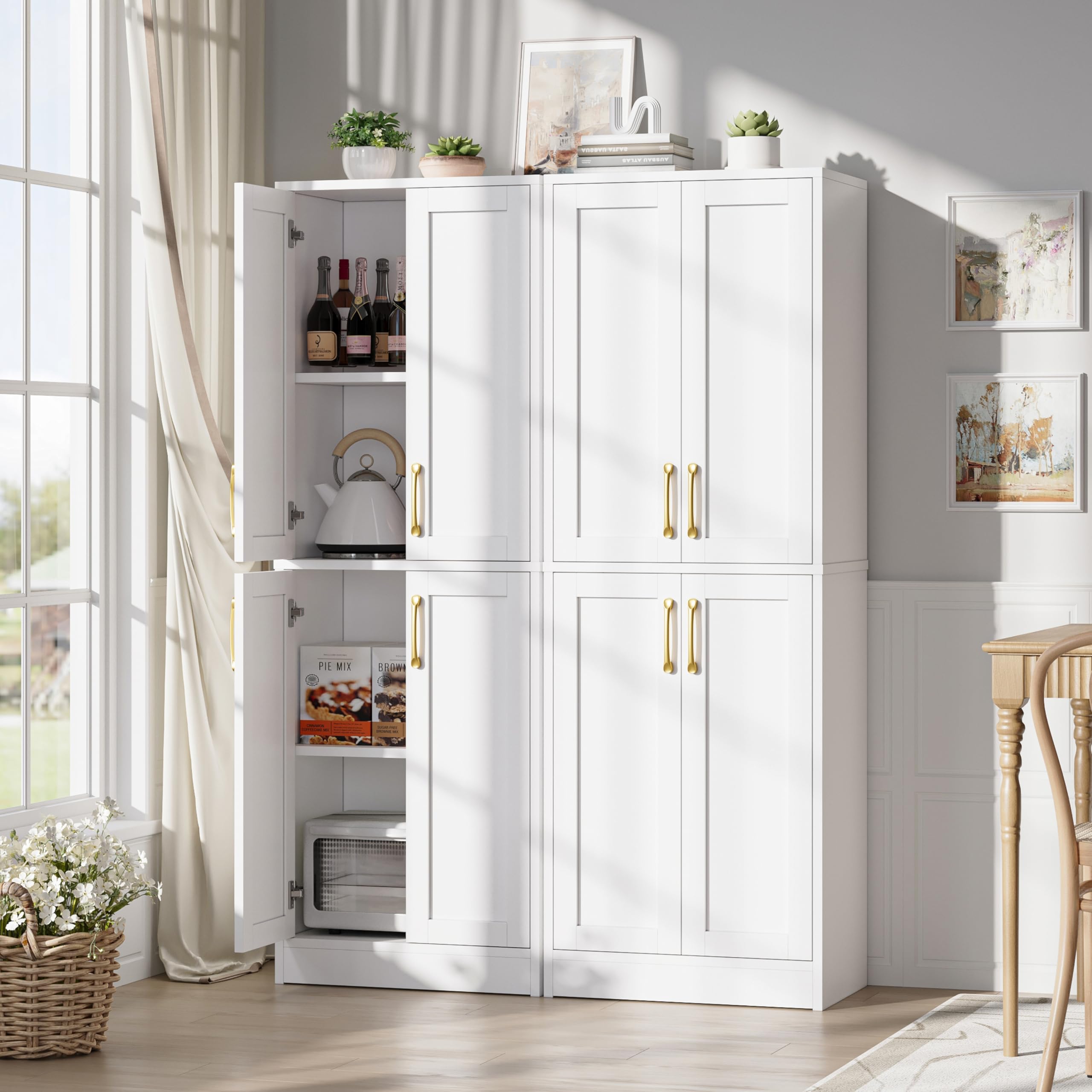 Homzbesy Pantry - Kitchen Pantry Cabinet with 4 Doors and Adjustable Shelves, Tall White Cabinet Freestanding Storage Cupboard for Dining Room Living Room, Laundry, Bathroom