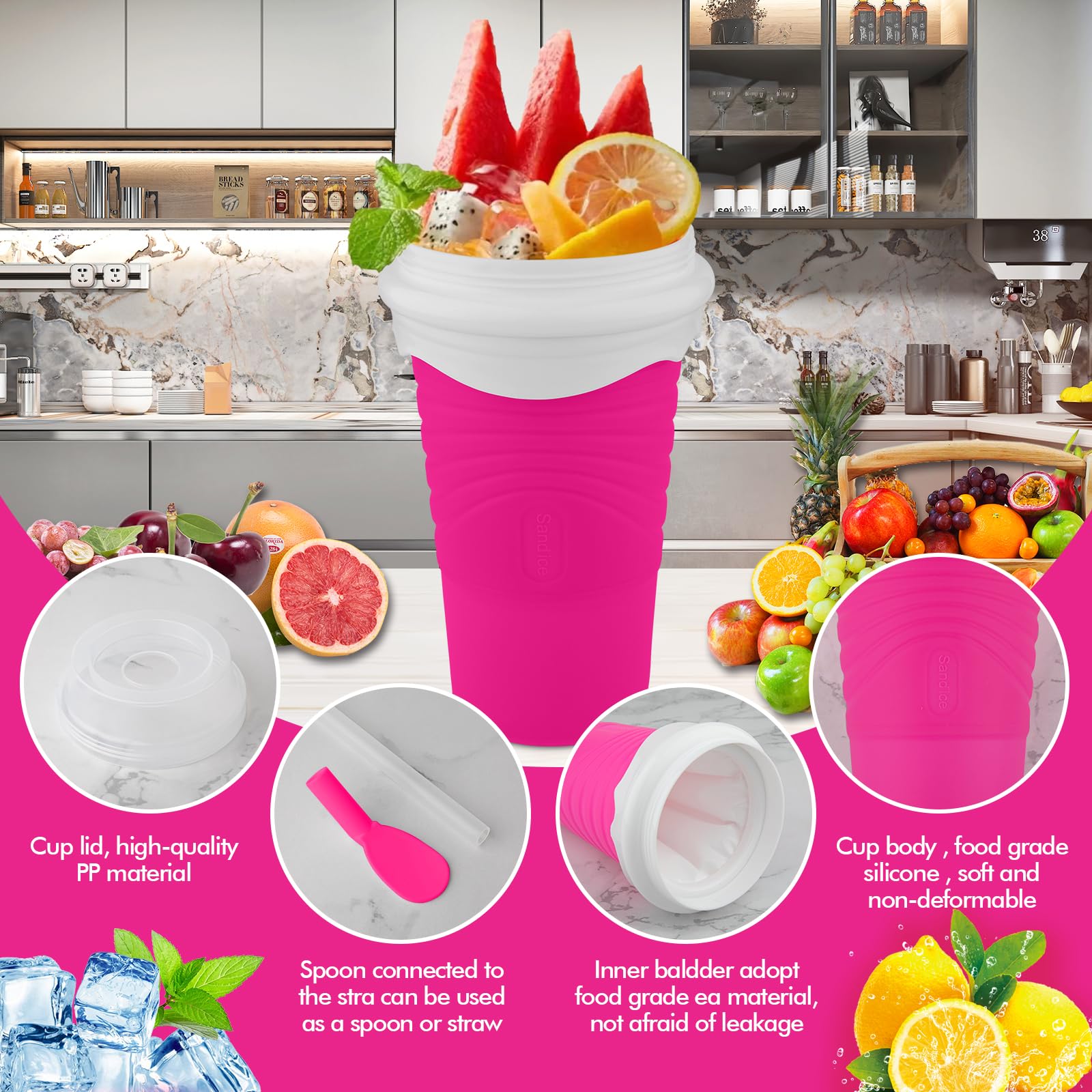 Slushie Maker Cup - DIY Magic Slushy Maker Squeeze Cup, Portable Smoothie Squeeze Cup for Juices, Milk and Ice Cream Make, Double Layers Silica Cup with Lid & Straw for Friends, Family Gifts (Pink)