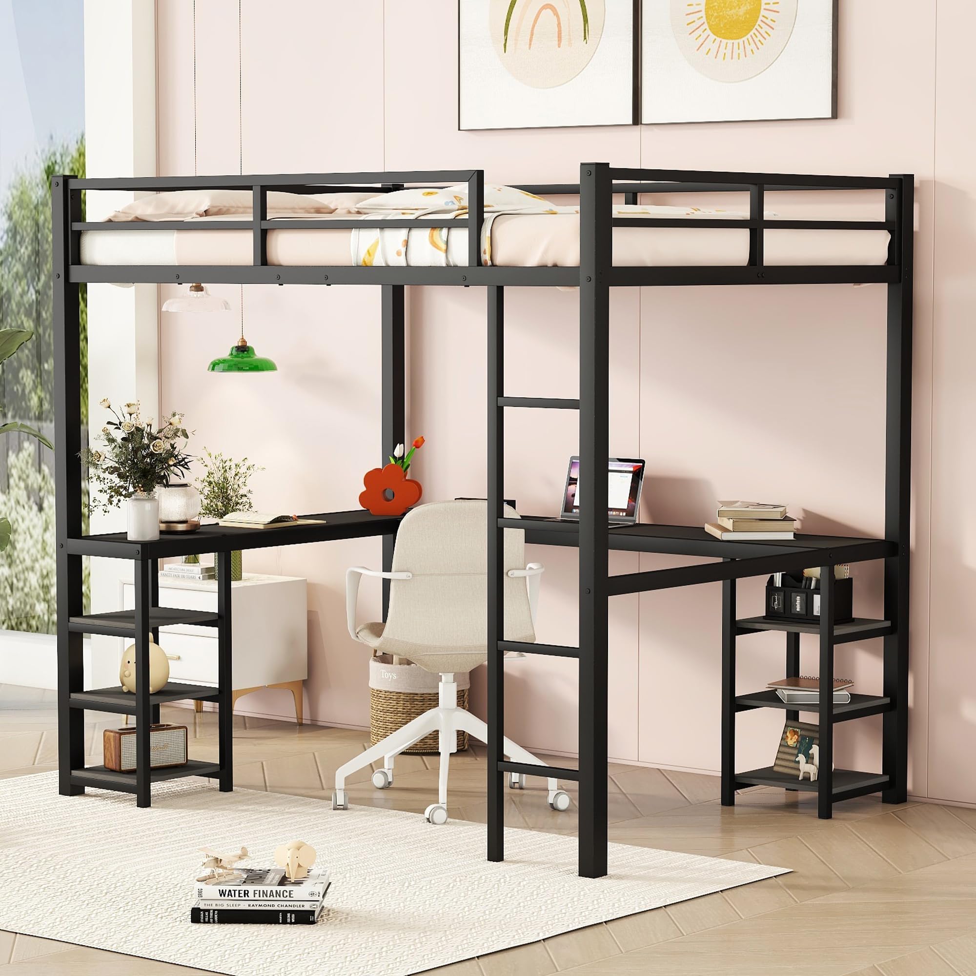 Loft Bed Full Size, Metal Loft Bed Frame with Desk and Storage Shelves, Heavy-Duty Kids Loft Beds with Ladder & L-Shape Desk for Boys Girls Teens, Black