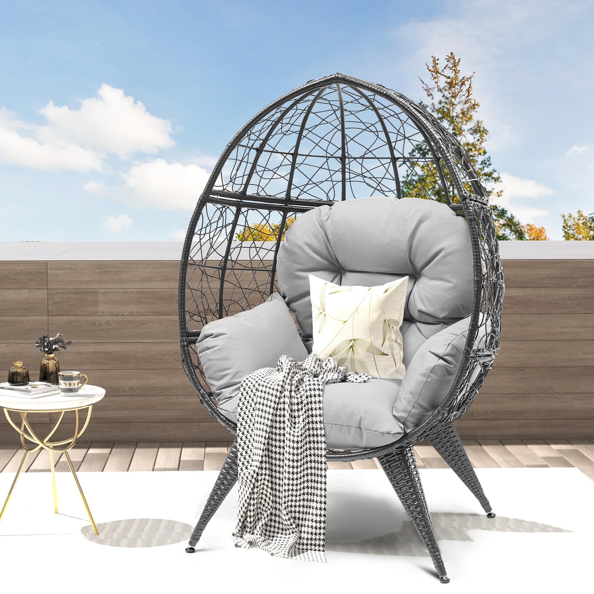 DWVO Egg Chair Patio Rattan Chair with Stand Anti-Slip All-Weather Poratble Adjustable Chair Feet Wicker Egg Lounger Chair for Indoor Outdoor 330LBS (Grey)