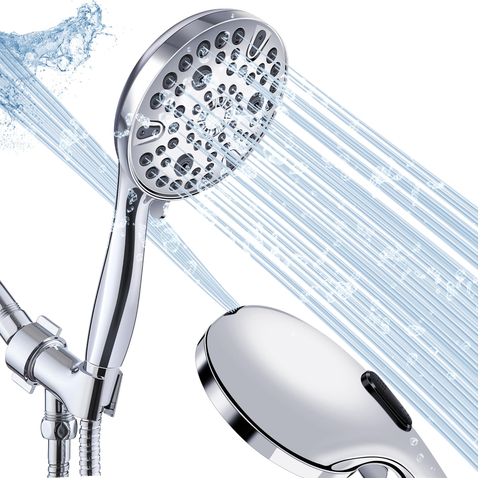 Shower Head with Handheld High Pressure - 59” Stainless Steel Hose Holder to Clean Tub Tile Pets - 10 Models Showerhead - All Chrome Finish