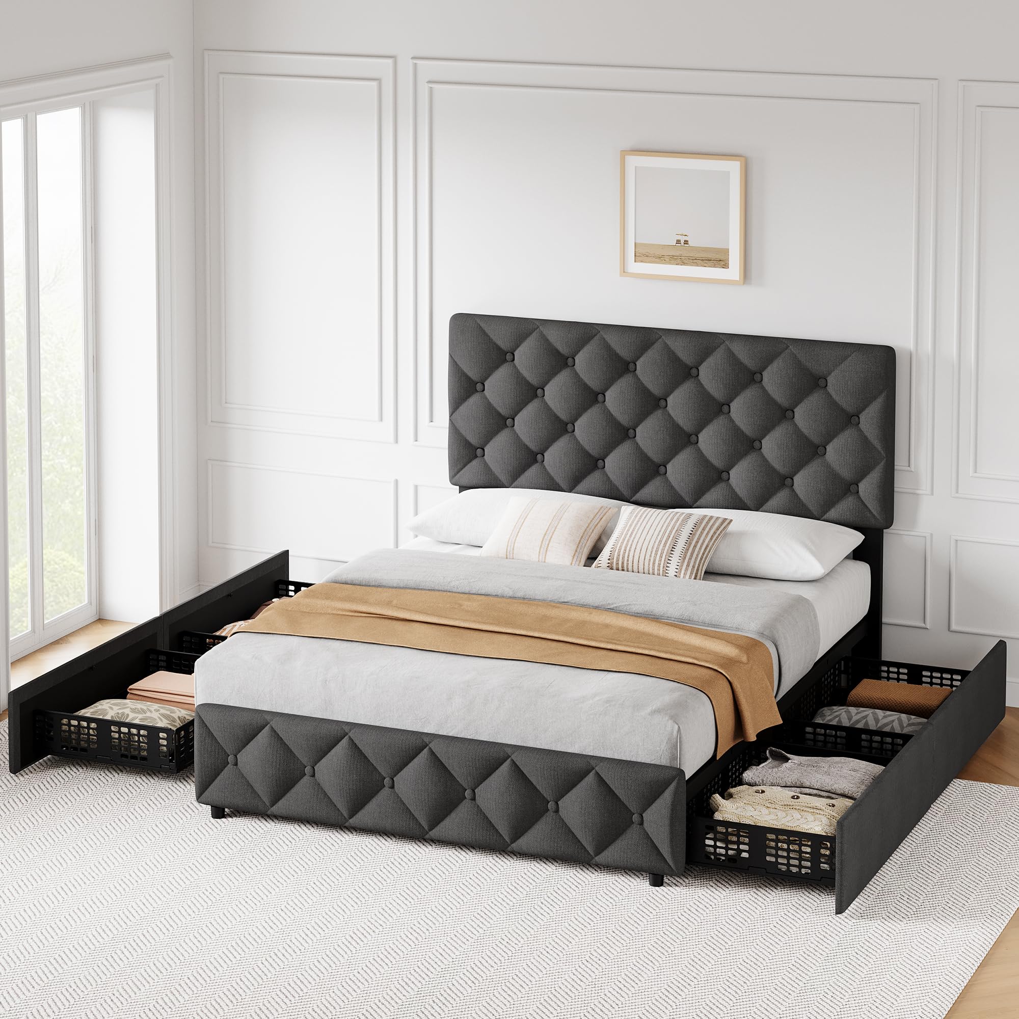 GAOMON Queen Size Bed Frame with 4 Storage Drawers and Headboard, Linen Upholstered Platform Bed Frame with Wooden Slats Support, Diamond Stitched Button Tufted, No Box Spring Needed, Dark Grey