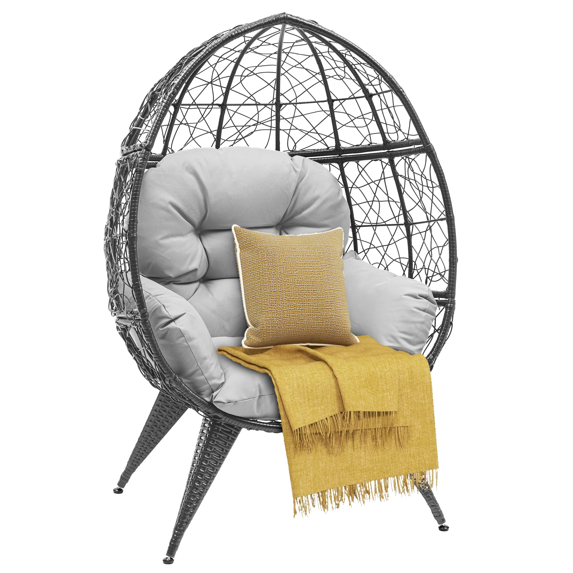 DWVO Egg Chair Patio Rattan Chair with Stand Anti-Slip All-Weather Poratble Adjustable Chair Feet Wicker Egg Lounger Chair for Indoor Outdoor 330LBS (Grey)