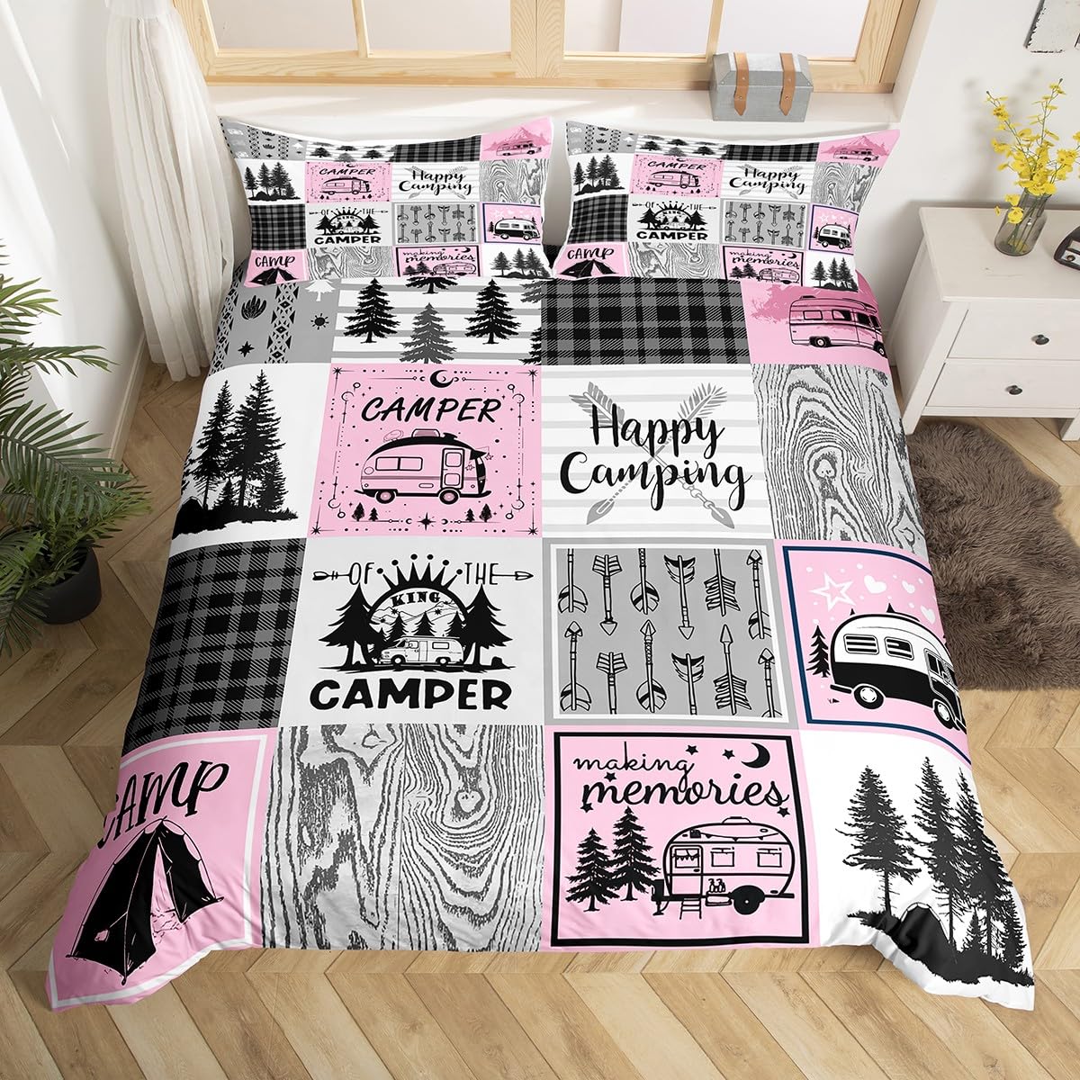 Erosebridal Girls Pink Camper Bedding Set Twin Happy Camping Comforter Cover,Rv Decor for Inside,Camper Accessories for Travel Trailers Duvet Cover,Black Grey Buffalo Plaid Pine Tree Quilt Cover