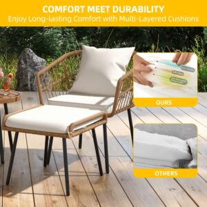 DWVO Patio Furniture Set, 5 Pieces Wicker Outdoor Patio Bistro Set with Ottomans Footrest and Side Table for Porch Balcony Yard Garden Backyard Poolside, Beige