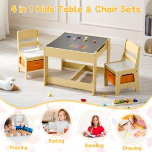 DOREROOM Kids Table and 2 Chair Set, Wooden Activity Table with Storage Drawer, 2 in 1 Detachable Tabletop, Toddler Table and Chairs Set for Drawing, Reading, Crafts, Play