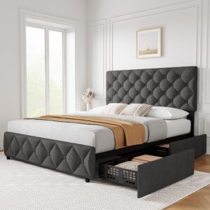 GAOMON Queen Size Bed Frame with 4 Storage Drawers and Headboard, Linen Upholstered Platform Bed Frame with Wooden Slats Support, Diamond Stitched Button Tufted, No Box Spring Needed, Dark Grey