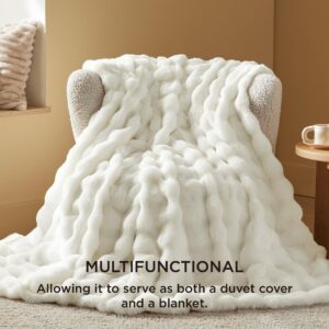 Bedsure Luxurious Faux Fur Duvet Cover King Size Set - Ultra Soft & Fluffy & Cozy & Warm - Elegant Shaggy Bubble Design Bedding with Duvet Cover and Pillow Shams, Coconut White