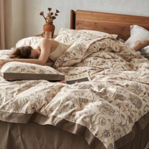 100% cotton brown duvet cover full size, 4 piece vintage floral duvet cover and sheet set - 1 pattern duvet cover 80x90 inches with zipper, 1 flat sheet and 2 pillowcases