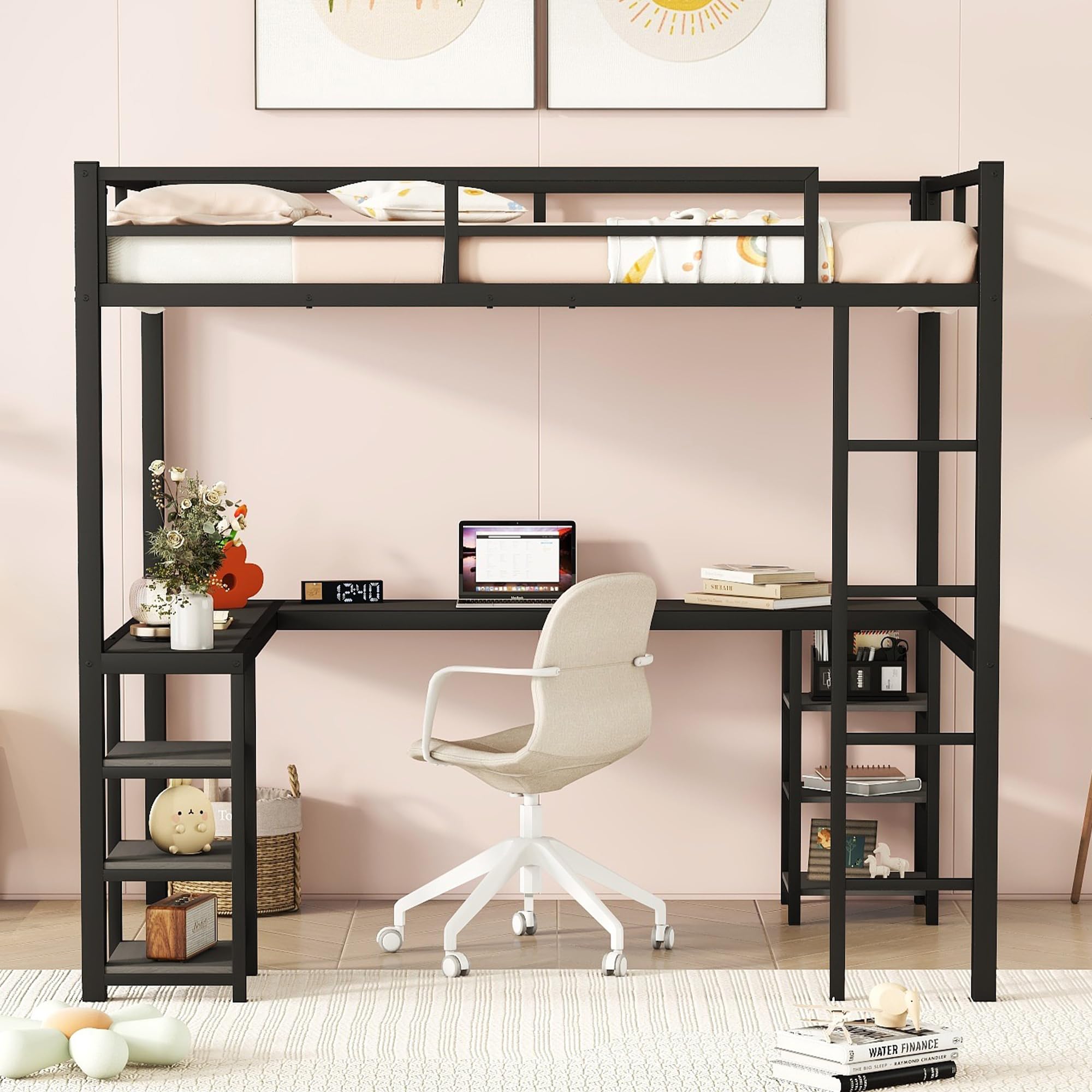 Loft Bed Full Size, Metal Loft Bed Frame with Desk and Storage Shelves, Heavy-Duty Kids Loft Beds with Ladder & L-Shape Desk for Boys Girls Teens, Black