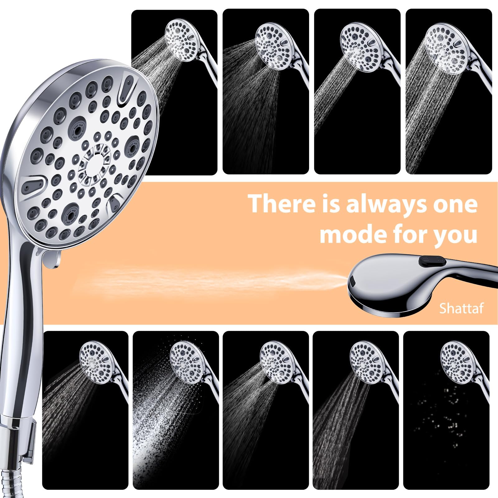 Shower Head with Handheld High Pressure - 59” Stainless Steel Hose Holder to Clean Tub Tile Pets - 10 Models Showerhead - All Chrome Finish