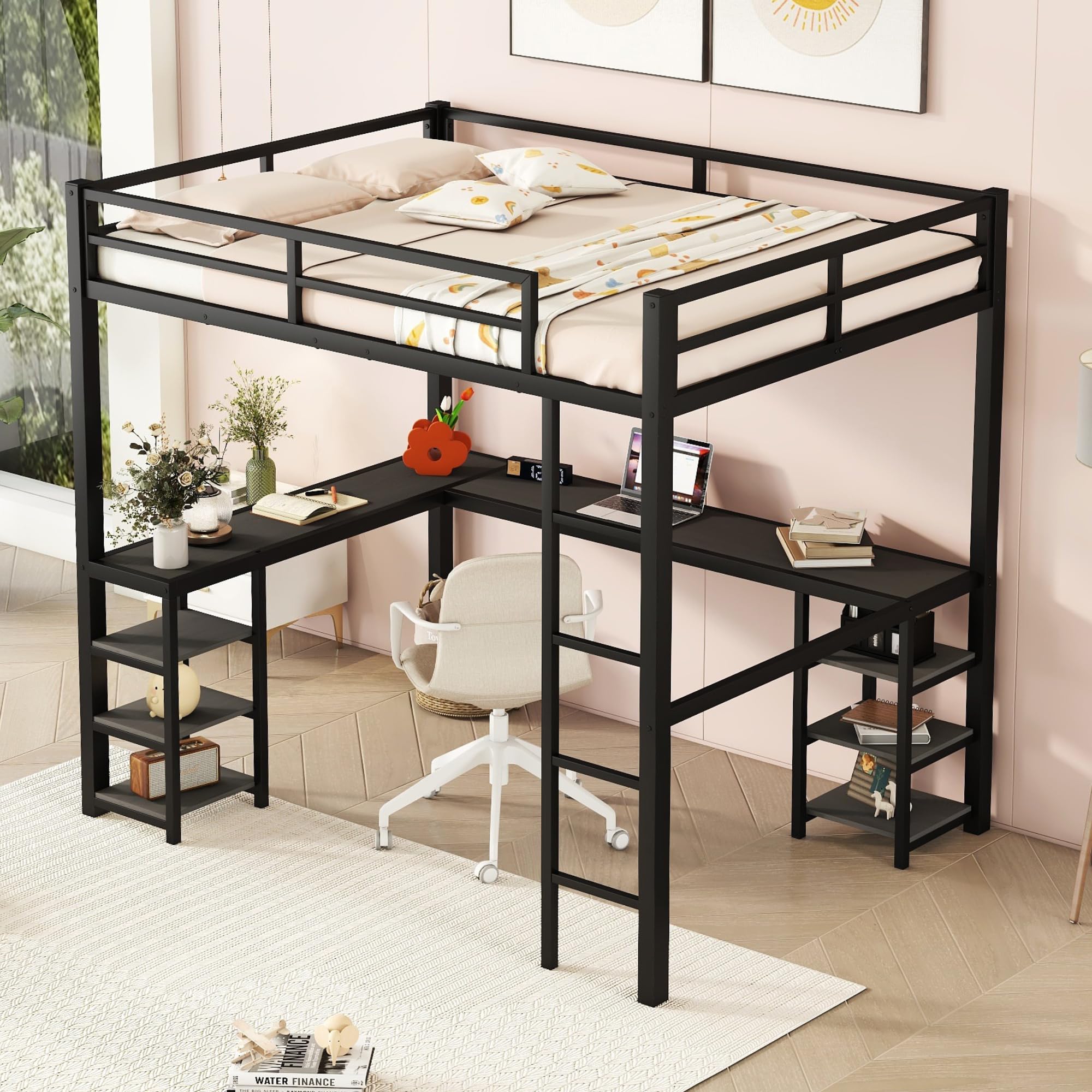 Loft Bed Full Size, Metal Loft Bed Frame with Desk and Storage Shelves, Heavy-Duty Kids Loft Beds with Ladder & L-Shape Desk for Boys Girls Teens, Black