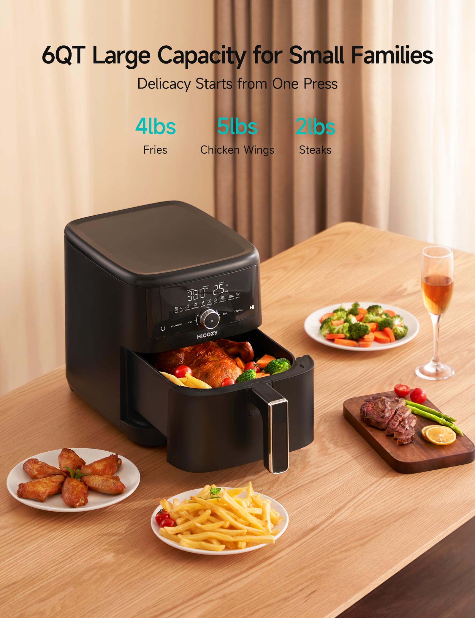 HiCOZY 10-in-1 Air Fryer, 6QT Family Size, Flash Crisp Technology, 400F for Hot & Crispy Results in Minutes, Roast, Reheat, Dehydrate & More, Black