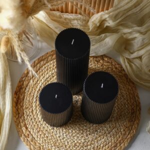 Conelist Ribbed Pillar Candles Set of 3, Width 3" High 4" 6" 8" Large Soy Wax Scented Pillar Candles Aesthetic Candles Ribbed Candles Modern Home Decor for Bathroom Living Room (Black)