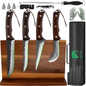 fullhi 11pcs butcher knife boning knife set & magnetic knife block holder with sheath high carbon steel fish knife chef knife for kitchen, camping, bbq