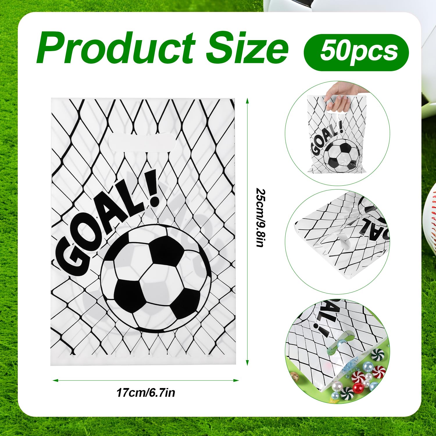 PEUTIER 50pcs Soccer Gift Bags, Plastic Soccer Goodie Goody Treat Snack Candy Bags Soccer Present Party Favor Bags Soccer Party Bags for Team Kids Teens Games Sports Events Supplies (White)